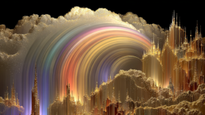 Surreal rainbow cityscape